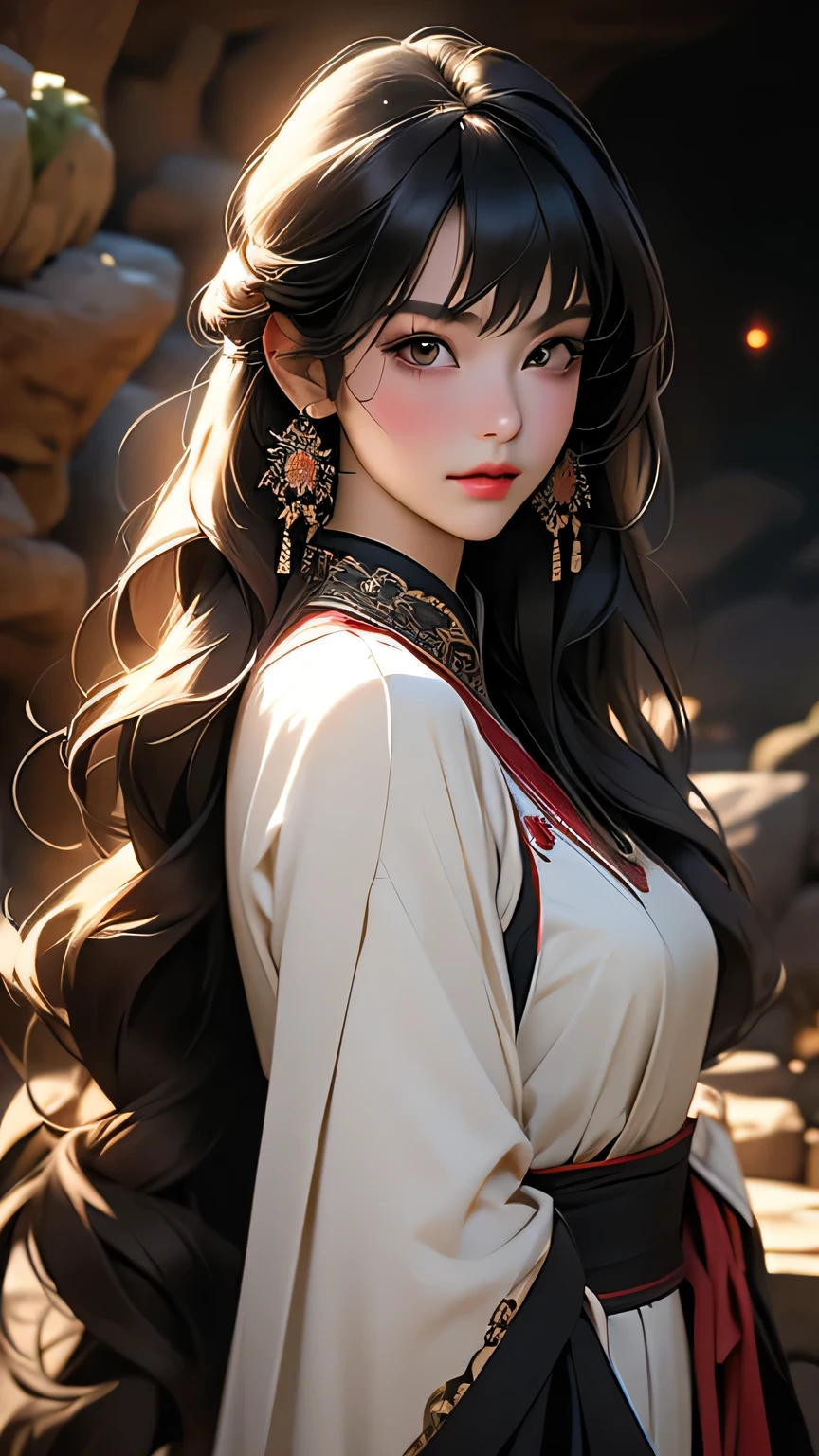 最high quality, (Realistic:1.2), One girl, alone, Detailed face, Face Focus, Are standing, Black Hair,(hair ornaments:1.35),office lady, Sleeves edged with ribbon, Removable sleeves, Ribbon trim, Wide sleeves, (View Viewer:1.5) Long Hair, Iris, bangs, lips, Detailed face､Detailed eyes､Detailed long eyelashes､Detailed lips､ (Upper body portrait)､masterpiece, 最high quality, high quality, High resolution, (In a dimly lit cave),
