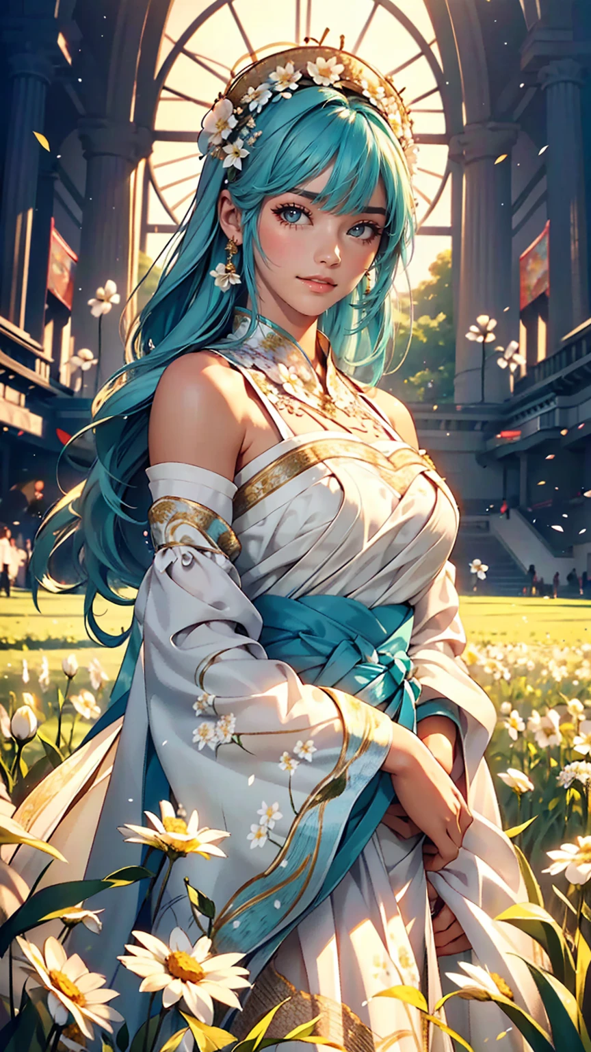masterpiece, highest quality, Ultra-high resolution, detailed illustration, Portraiture, detailed, A girl standing in a wheat field, alone, Long Hair, dress, flower, White Hanfu, smile, whole body, white flower, Exposing shoulders, very Long Hair, Aqua Hair, Mouth closed, In-person audience, bangs,Ahegao