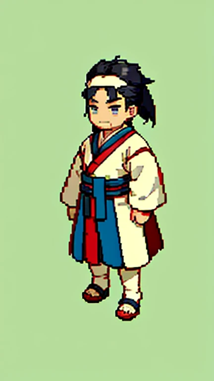 Old man in ancient Chinese costume、Wise Old Man、Looking into the camera、There is a topknot on the head、Long sleeve、Hanfu、Black Hair、Standing and posing with arms crossed、part your bangs in the middle、Pixel art、(masterpiece, highest quality, highest quality), pixel,pixel art,whole body,Characters in Romance of the Three Kingdoms、Transform、beard、Short Deformation