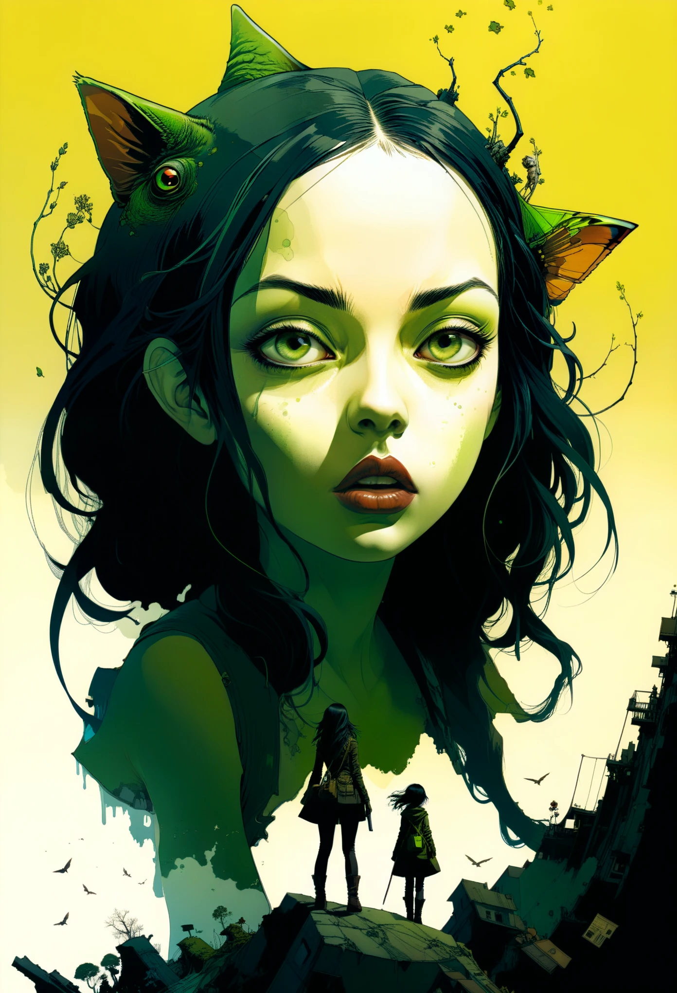 by Jean-Baptiste Monge and Tomer Hanuka, Chartreuse 78, wide angle, hyper detailed, comic book cover art, bold lines, expressive drawing, American female