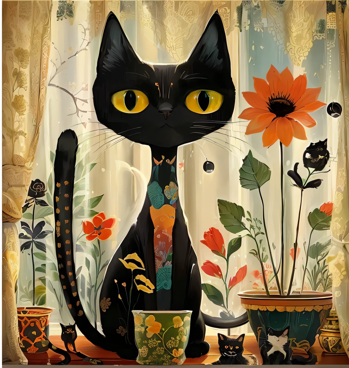 There is a black cat sitting on the windowsill with flowers, Cat design, a Painting of a cat, Elegant cat, cats and plants, Magical scene, Whimsical Art, By Maki Shira, author:Paul Davis, Painting of a cat, author:Henrik Weber, By Tim Biskup, cat detailed, in a cat's, author:Pal Barkai