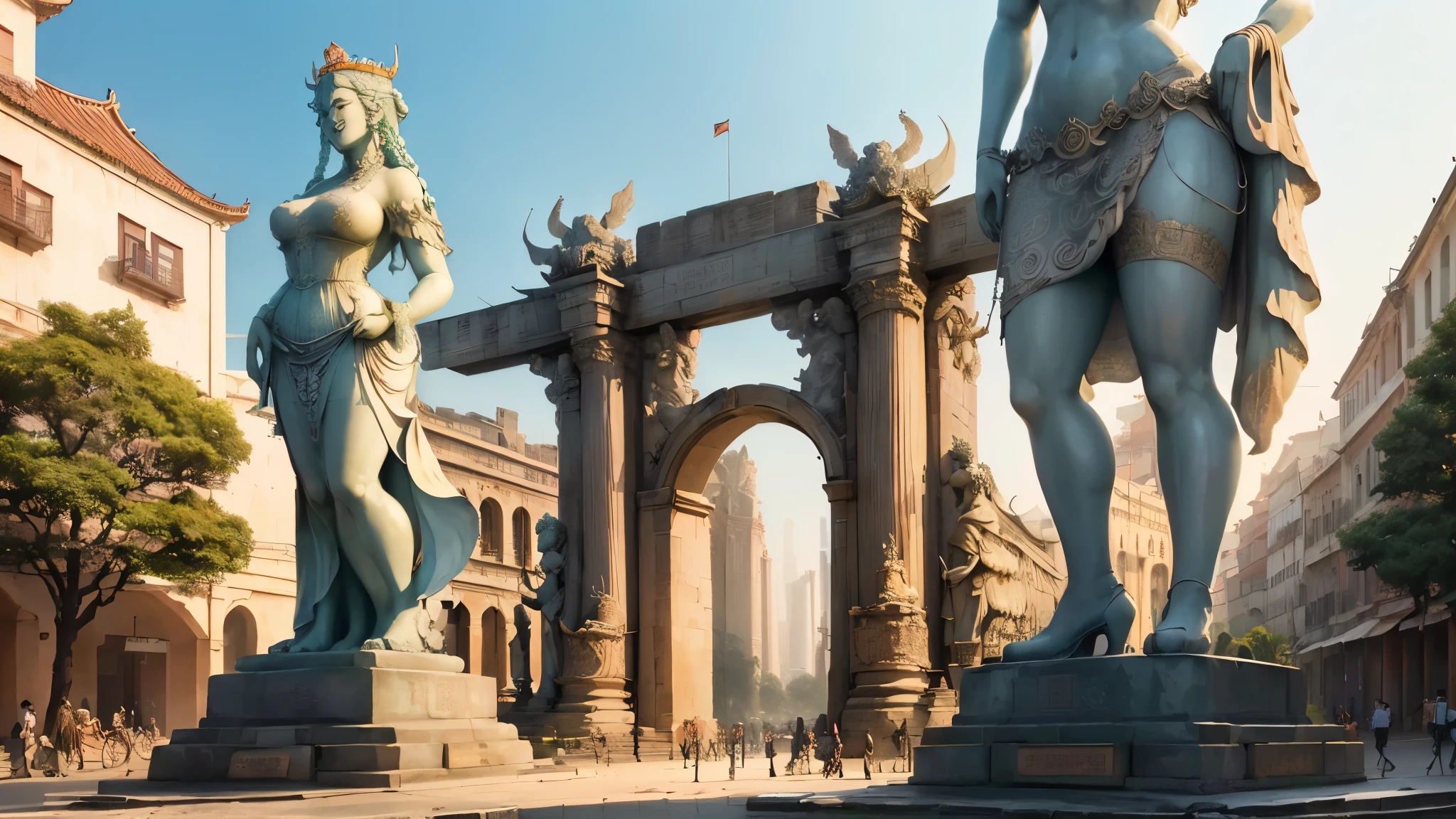 ((Magnificent city gate,((Huge female statues on both sides of Chengmen,Wearing a dress with a crown)),(Surrounding walls),Different world scene,Retro Style,European classical architecture,Stone material)),middle Ages,Rundown