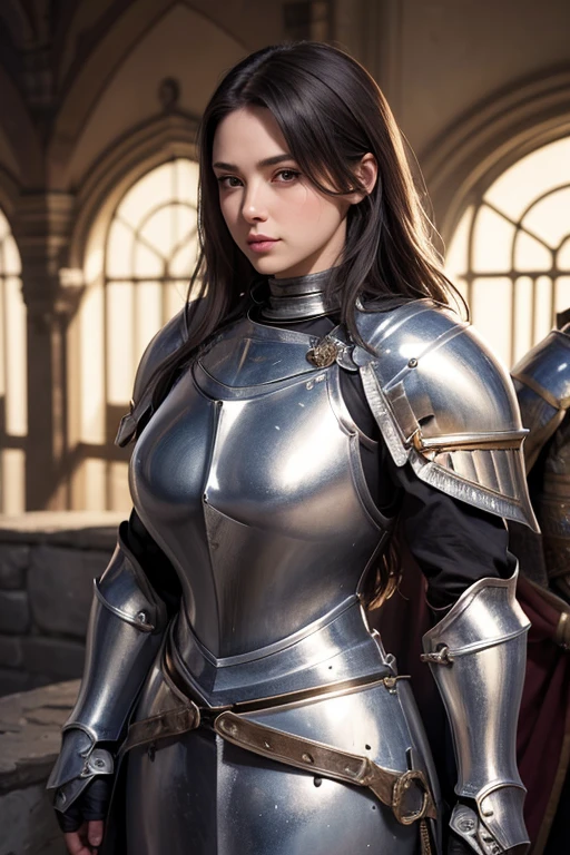 (masterpiece),(ultra-detailed), (high quality), (high resolution), (best quality:1.5, highres, UHD), highres, absurdo, ultra detail, ultra quality, 1girl, ((dark hair)), thighs, (gray armor), female warrior, (fully armored), (medieval outfit), (black eyes), armored chest piece, huge breasts, gorgeous female knight, Guild Clothes with Armor, Fantasyart:1.5, (1 Female Knight:1.5), Detailed and detailed depiction armor, (seductive smirk)