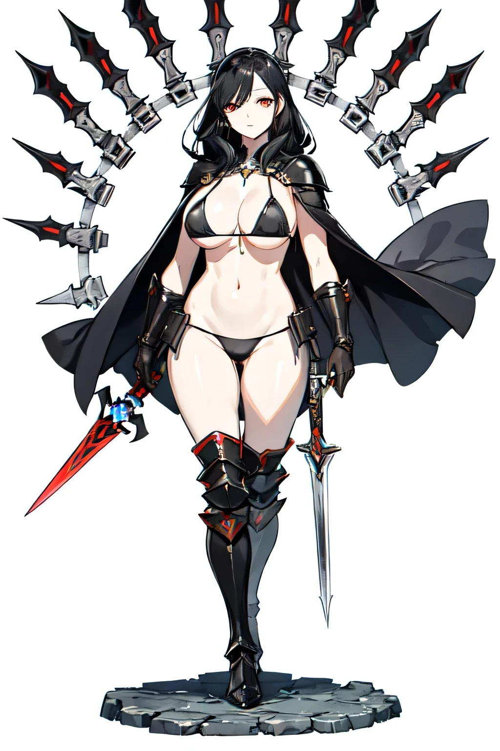High quality, red eyes, long black hair, gigantic breasts (H size), assassin woman, black bikini armor, metal boots, metal gloves, alone woman, full body. cape. Duo daggers.