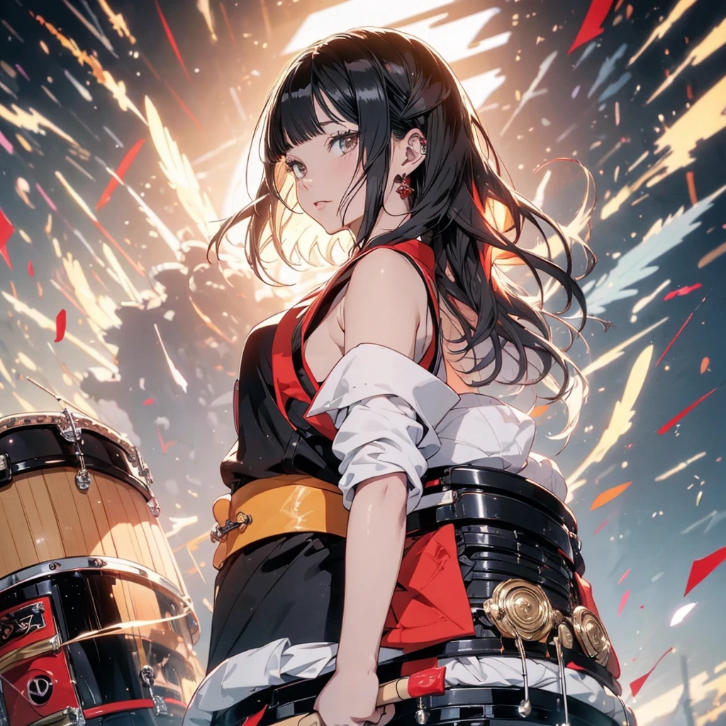 t4n4k4, black and red sleeveless kimono、highest quality、Masterpiece、Official Art、Award-winning works、photograph、The best light source、Japanese drum、Japanese drumを打つ美少女、Representing the sound pressure of a drum、hot air、force、kimono, from behind, off shoulder, Lively, bright eyes、Colorful portraits、Black Hair、Torsion、A picture of the moment the drums are struck、Frontal composition facing the viewer、Holding drumsticks in both hands、Left hand on top, right hand on drum、spirit、