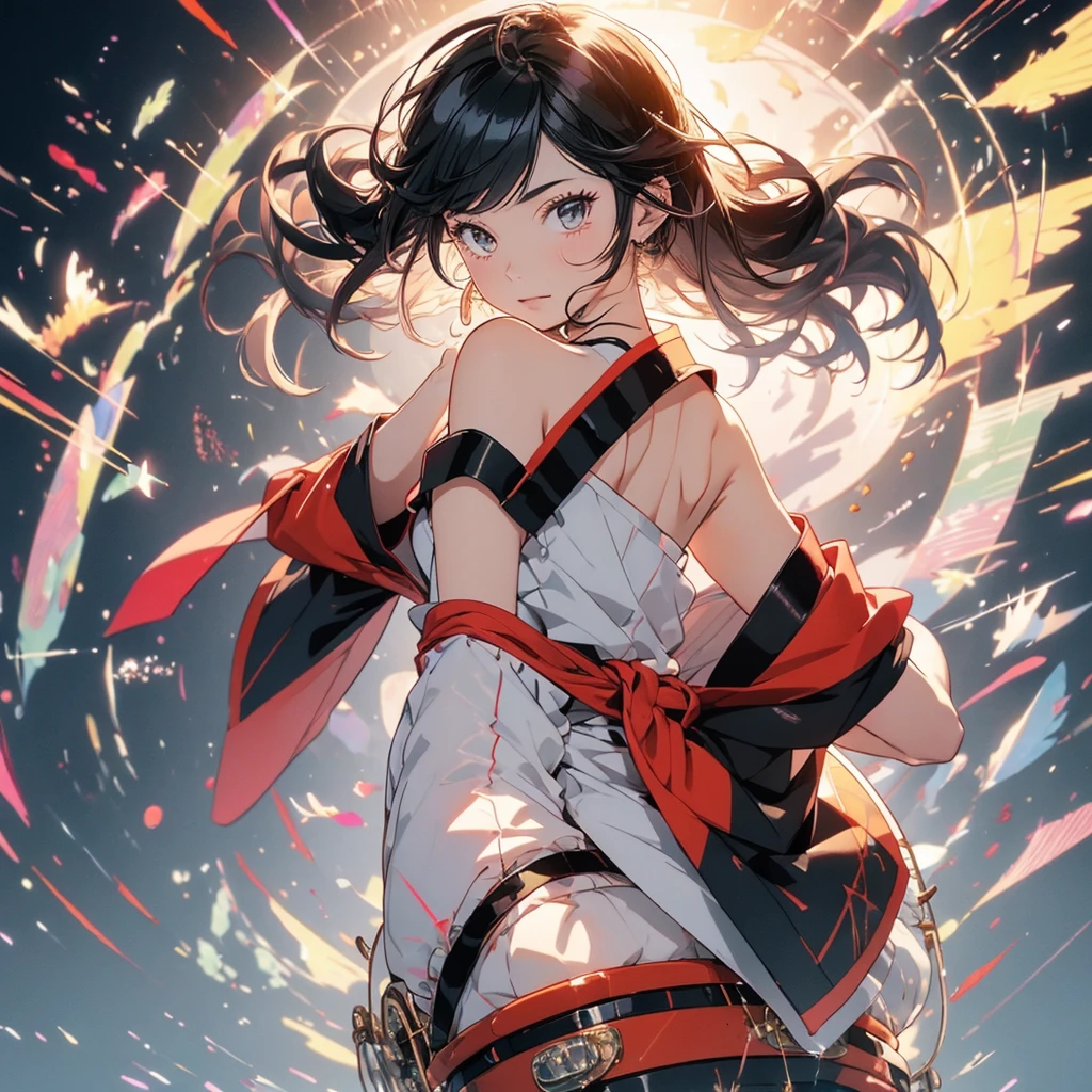 t4n4k4, black and red sleeveless kimono、highest quality、Masterpiece、Official Art、Award-winning works、photograph、The best light source、Japanese drum、Japanese drumを打つ美少女、Representing the sound pressure of a drum、hot air、force、kimono, from behind, off shoulder, Lively, bright eyes、Colorful portraits、Black Hair、Torsion、A picture of the moment the drums are struck、Frontal composition facing the viewer、Holding drumsticks in both hands、Left hand on top, right hand on drum、spirit、