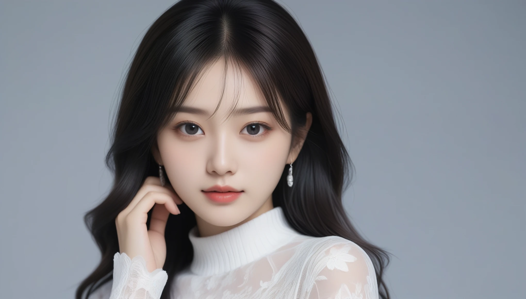 8k, 超High resolution, highest quality, masterpiece, Surreal, photograph, 1 girl, (16 years old:1.3), pretty girl, Cute Face, Beautiful eyes in every detail, 細かくdetailedに,masterpiece,, One Girl:1.2, Japan Female Announcer、Black Hair、photographのような、masterpiece,((Wearing a gray suit and tight-fitting miniskirt))、In the studio of a TV station、、News Programs, Squat down and show panties inside the skirt, Esbian all over,News Programs中, clavicle,High waist pencil skirt、Unbuttoned shirt,White lace underwear,Small Face、Thin lips, Delicate body type,Complete Anatomy,highest qualityのディテール:1.2, Realistic, 8K Ultra HD, High resolution, One Girl:1.2, 超detailedな, High quality textures, Intricate details, detailed, 非常にdetailedなCG, High Quality Shadows, detailed 美しく繊細な顔,Slender、Beautiful body lines、Beautiful woman、cup、Sexy Style、Accentuate your cleavage、Makeup that emphasizes the breasts,Bold Pose,Looking at the audience、beauty,Long neck、Laugh a little、Please close your mouth and laugh、(((Ideal body type))),Acupの小さな胸 :2,、Portraiture:2、Perfect Anatomy、鮮明なdetailed、detailed、Surreal、Light and shadow,Strong light,Fashion magazine cover,Thin lips