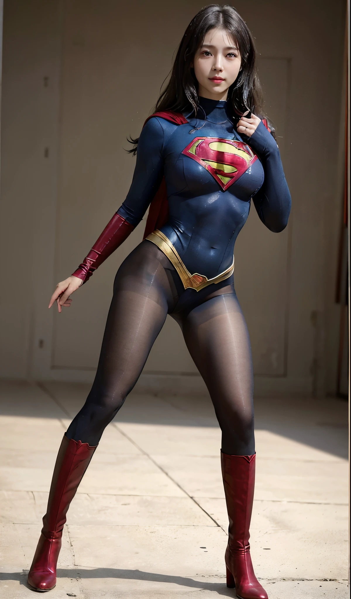 No background、(((Beautiful legs in black tights.)))、(((Legally express the beauty of your smile)))、((((Make the most of your original images)))、(((Supergirl Costume)))、(((Beautiful Hair)))、(((suffering)))、(((Please wear black tights....、Wear red boots)))、((Best image quality、8k))、((highest quality、8k、masterpiece:1.3))、(((Preserve background )))、Sharp focus:1.2、Beautiful woman with perfect figure:1.4、Slim Abs:1.2、Wet body:1.5、Highly detailed face and skin texture、8k