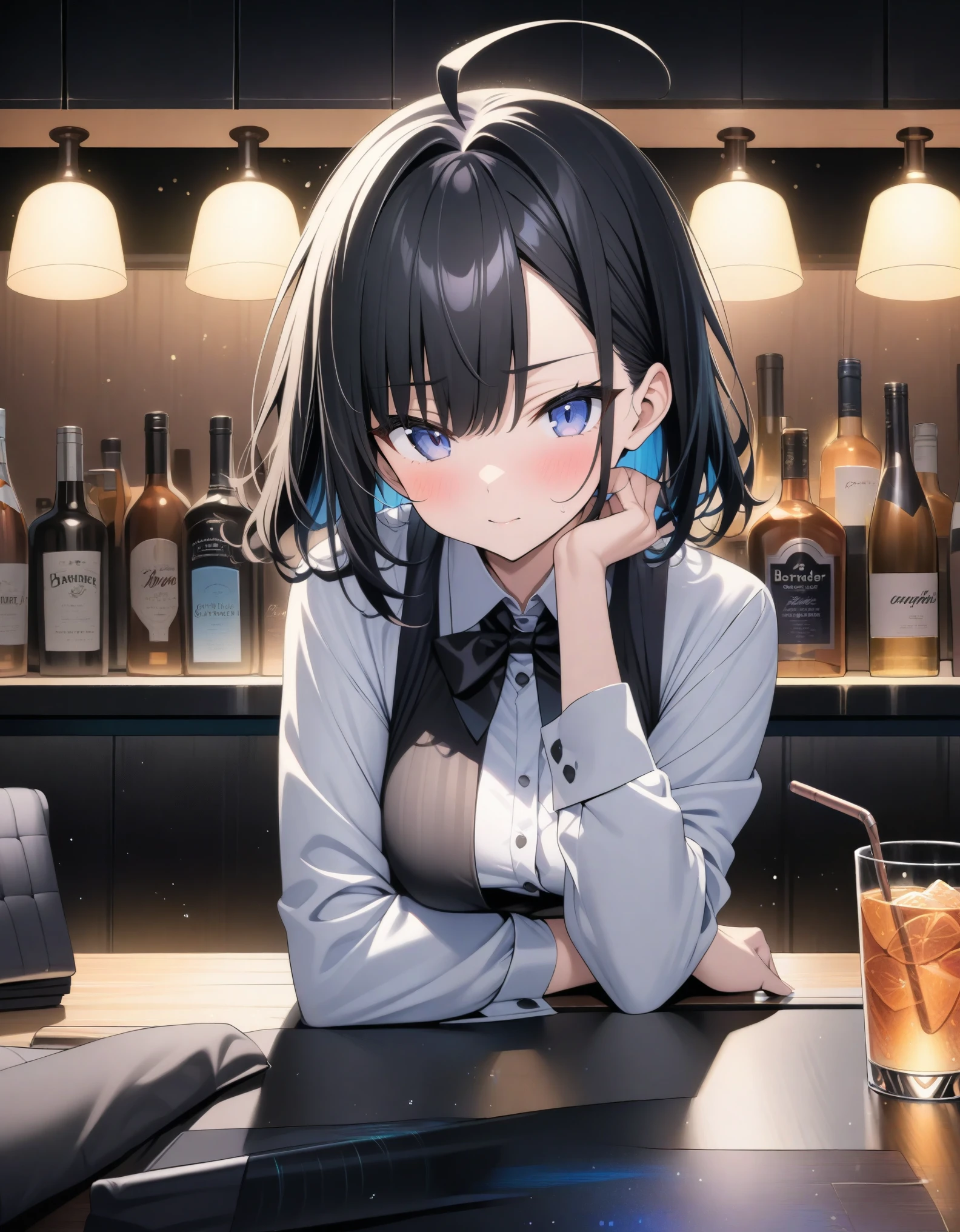 ((style:colored pencil,Pale colors)),(anime)、(masterpiece:1.2),Night Bar、bartender、girl、Black Hair、Ahoge、Light effects
