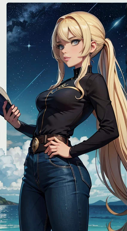 Storyboard em quadrinhos:1.8, Cartoon tirinhas,tirinha:: Jennifer Lawrence,Selena Gomez(1 mulher) Uma loira de 20 anos,Em uma casa futurista, estilo de quadrinhos da Marvel, hiper HD, Ultra-HD 24Kmulher de 35 anos, very long blonde hair down to the waist and half curly with bangs, Seios pequenos, olhos grandes com um brilho apaixonado, olhos verdes mel, Um lindo sorriso, wearing a long black t-shirt with a green feminine suit and jeans, in a serious and sweet comic-style pose, alta qualidadeScott Campbellgarota, localizado na esquina, looking at the sky, Sozinho, Mona (impacto genshin), Gargantilha, cabelo entre os olhos, star (symbol), cabelo longo, cabelo roxo escuro, twintails, olhos azuis, olhos brilhantes, joia, bruxa, housekeeper, franja, vestido preto roxo, saia roxa, avental branco, paisagem, noite sky, star (sky), starry sky, noite, ar livre, nuvens, reflection, Water, Magia, tarot, Water Magia, ((linda estrela de cristal dourada)), space, Water droplets, Respingo