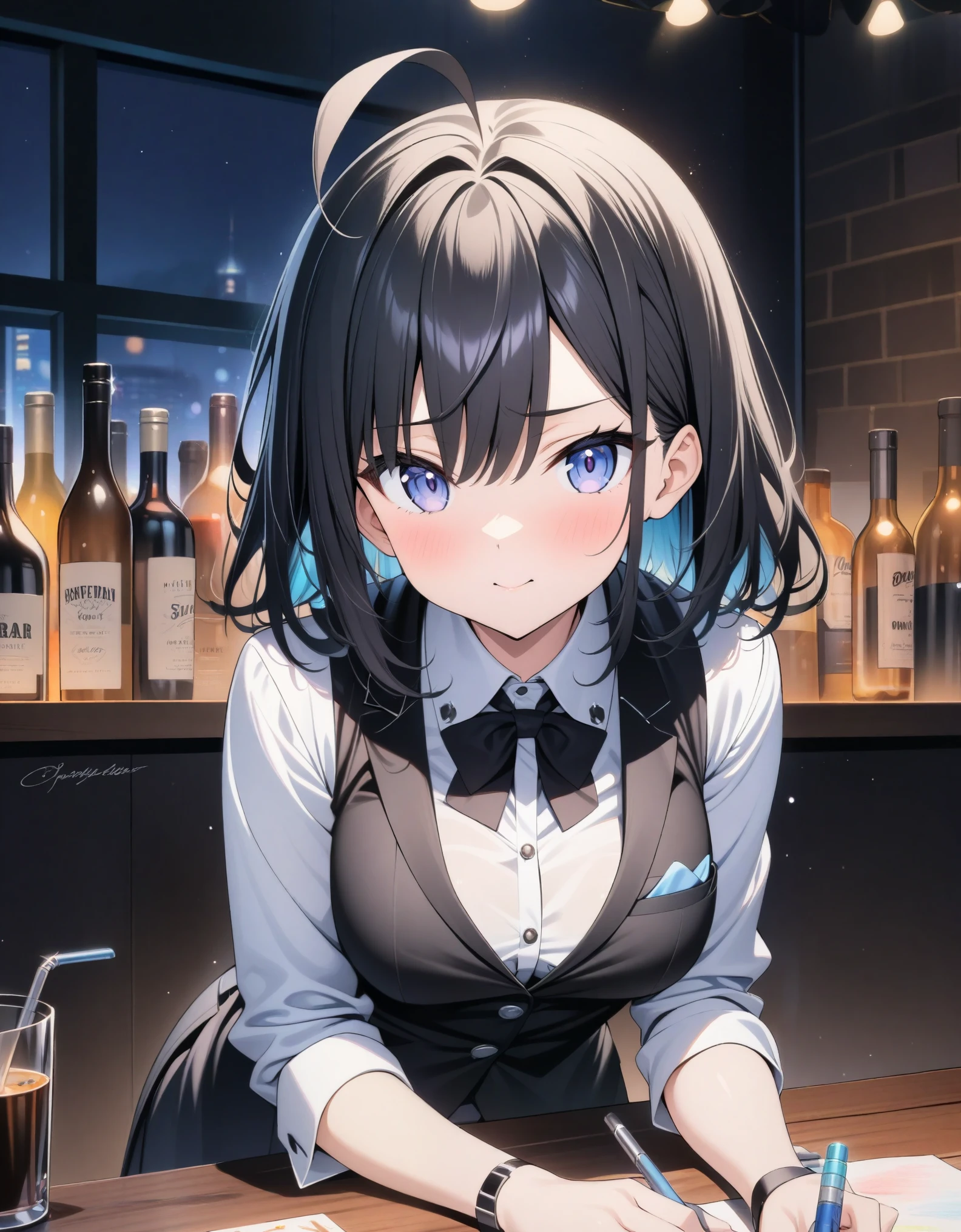 ((style:colored pencil,Pale colors)),(anime)、(masterpiece:1.2),Night Bar、bartender、girl、Black Hair、Ahoge、Light effects