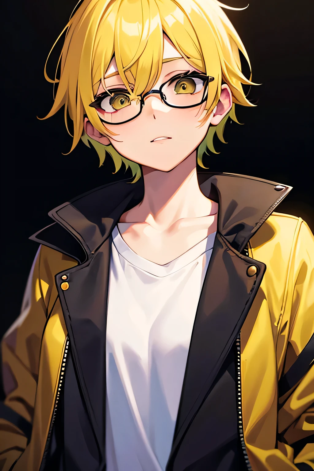 Tomboy girl, wears jacket, short hair, yellow hair color, calm face, wears glasses, look at the camera