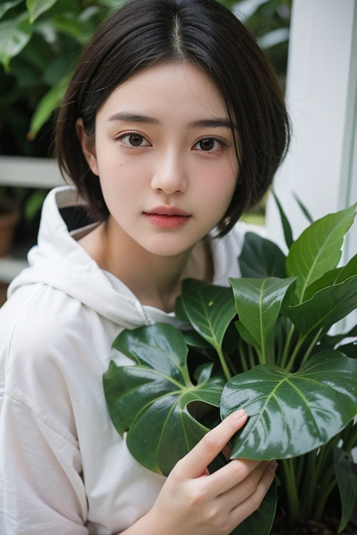 a teenage boy black short hair 20 yo and a woman clean face beauty in cyan hijab 17 yo plant monstera variegated in a pot in a greenhouse under bright sunlight (8K, best quality: 1.2), (masterpiece: 1.37), (high sharpness) Masterpiece, best quality, (highly detailed photo: 1.1 ),((best quality)), ((masterpiece)), (detailed), perfect face