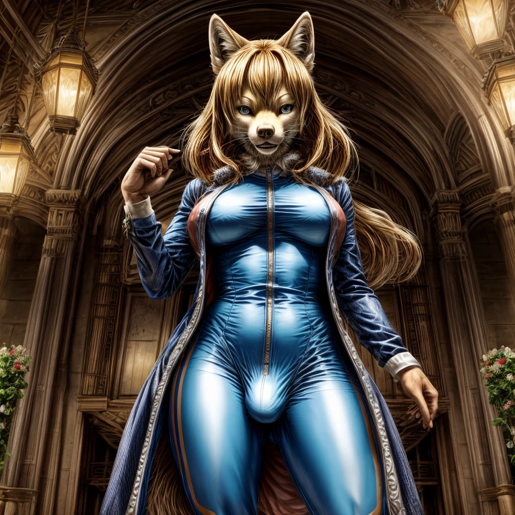 furry woman with bulge, wolf, solo, one piece suit