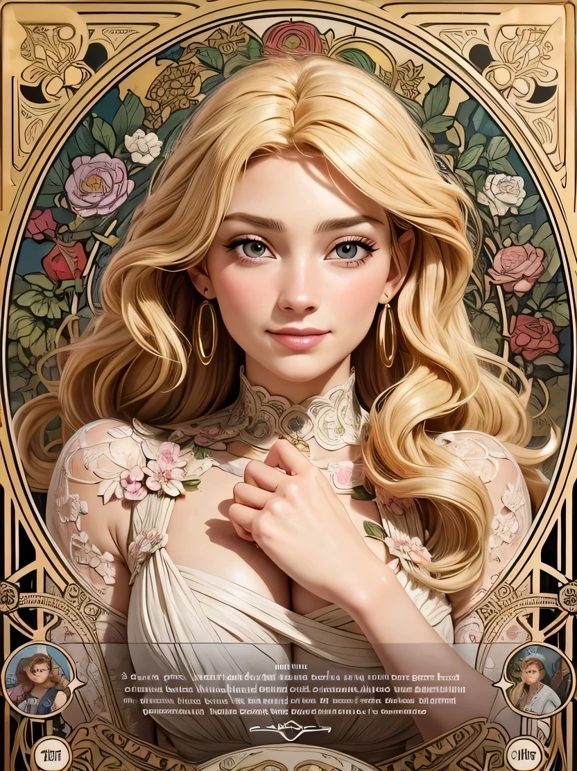 ((masterpiece、highest quality、Very detailed、High resolution、Photorealistic、Sharp focus、Cinema Lighting))、((One Woman、Mid Shot、Face Light))、High contrast、European woman portrait、smile、In underwear、Long Curly Hair、blonde、Tarot Cards、Floral Decoration Frame、Decorative panel、Abstract art、Alphonse Mucha、View your viewers、Detailed hand drawing、Fibonacci