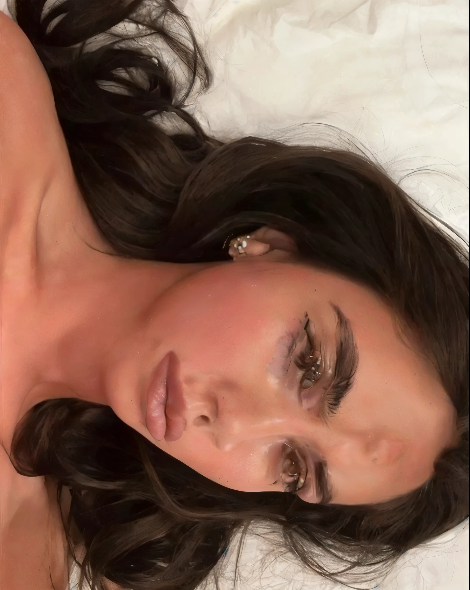 Arafed Woman lying on a bed with a white sheet, cara sexy, cara perfecta, Dua Lipa, soft devil queen cerveza madison, portrait Emily Ratajkowski, cerveza madison, Emily Ratajkowski, piel de oliva perfecta, ligeramente bronceado, natural contour aesthetics!!, hermosa mirada, resplandeciente, olivia culpo, cara sexy with full makeup