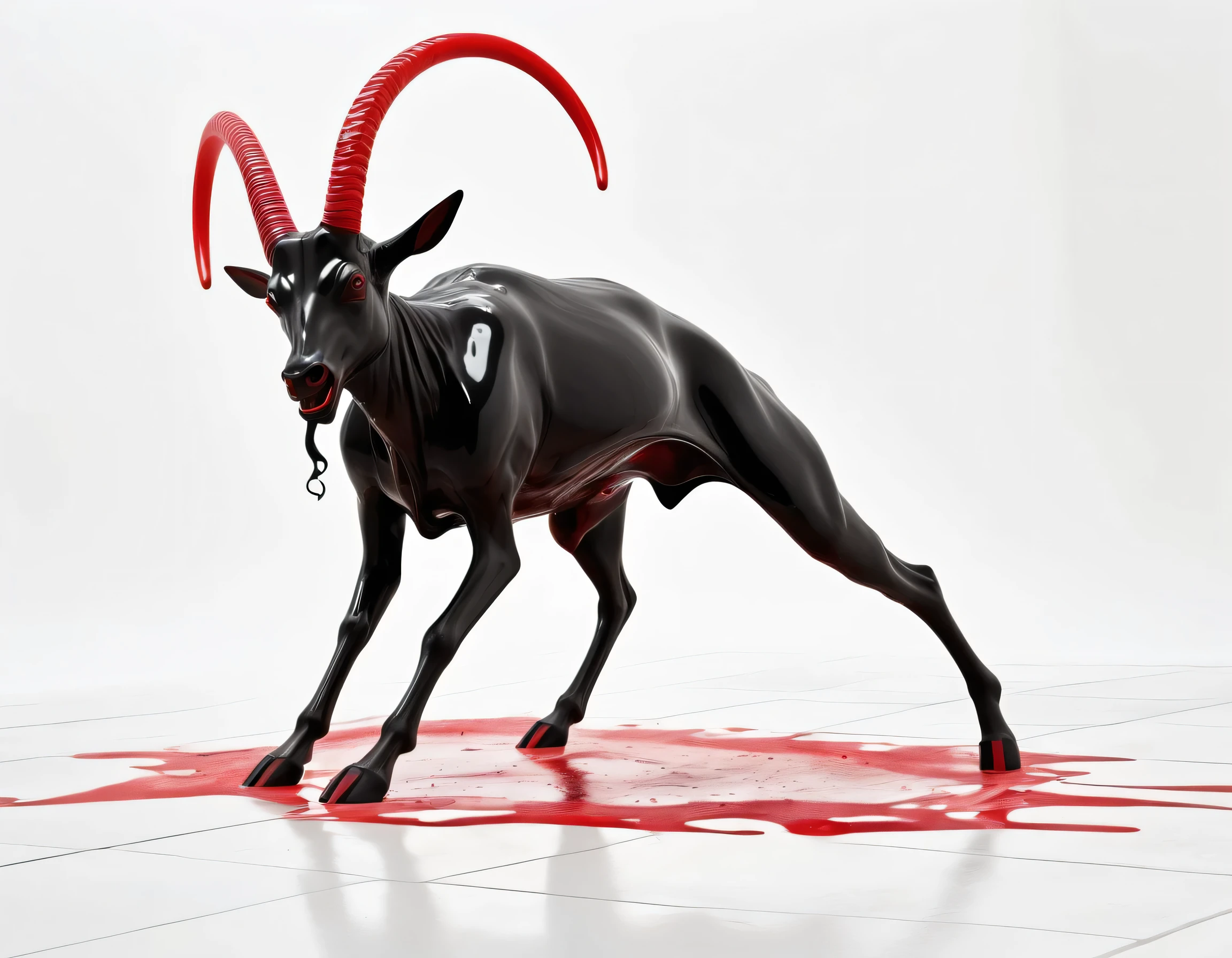 A strange and bizarre No arm and no leg disgusting being black with plastic texture with horns on a white background 3d In a distorted background and red paint on the floor running down and things decaying 3d plastic