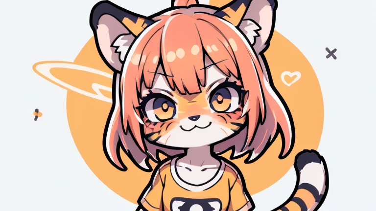 (obra maestra, Alta calidad, mejor calidad, 8K, high resolution), ((estilo chibii, Chibi lindo)), (solo, 1 girl), {Tiger Girl, cara de tigre, 2 colmillos, long eyelashes, delineador de ojos} {bigotes de tigre}, (((Piel de tigre por todo el cuerpo., Rayas de tigre en el cuerpo.))), (pelo naranja), cabello corto, Pinza para el cabello, [[Pinza para el cabello white flower on hair]], ((Muy feliz)), ((boca abierta)), ojos naranjas, [pupilas negras], ((buscando)), (very small breasts), brazos delgados, (un brazo arriba, un brazo hacia abajo), axilas, ((mini camiseta rosa, camiseta rosa completa)), {shorts blancos}, {{{mini cola de tigre, Cola en la espalda}}}, (cuerpo completo), (((de pie, jump angle))), dynamic pose, Fondo blanco, fondo sencillo, ((((Estilo Tora-chan no Hanayome)))), (old anime style 40s), estilo animado, anime color.