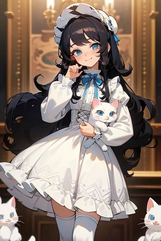 (masterpiece, best quality), warm lighting, blurry foreground, ((White ruff)), 1 girl, cowboy shot, ((victorian outfit)), (lolita attire), (((fluffy hair))), makeup, finely detailed, (best quality), (intricate details), ((Long jet black hair)), ((Hair is fluffy)), best quality, ((Puffy long sleeve dress)), (white ruff), ((Thigh high socks)), ((socks are white)), ((round eyes)), beautiful face, cute face, pinup, perfect face, (((blue eyes))), ((curly long hair)), ((Bratty smile)), happy, holding ONE white kitty