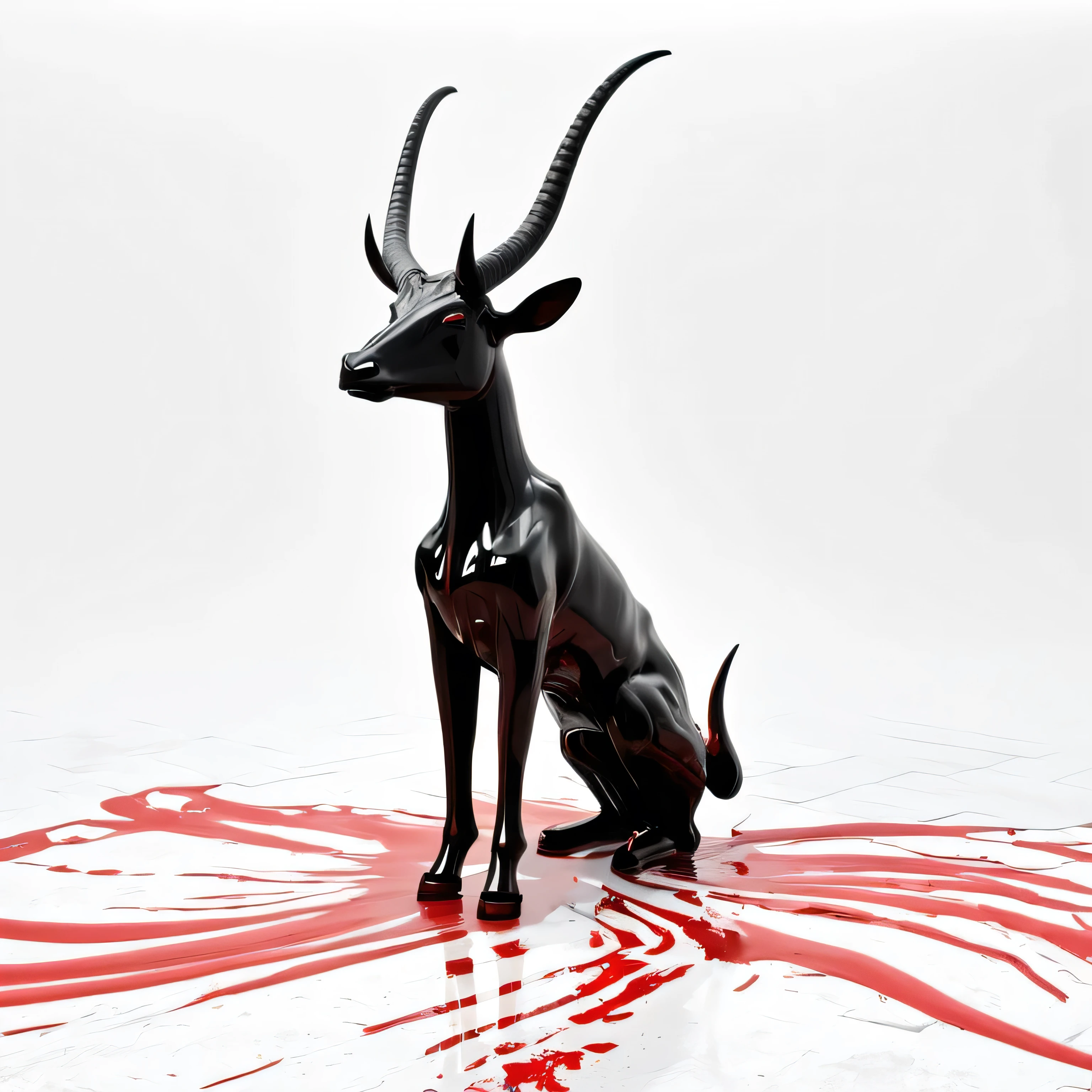 A strange and bizarre No arm and no leg disgusting being black with plastic texture with horns on a white background 3d In a distorted background and red paint on the floor running down and things decaying 3d plastic