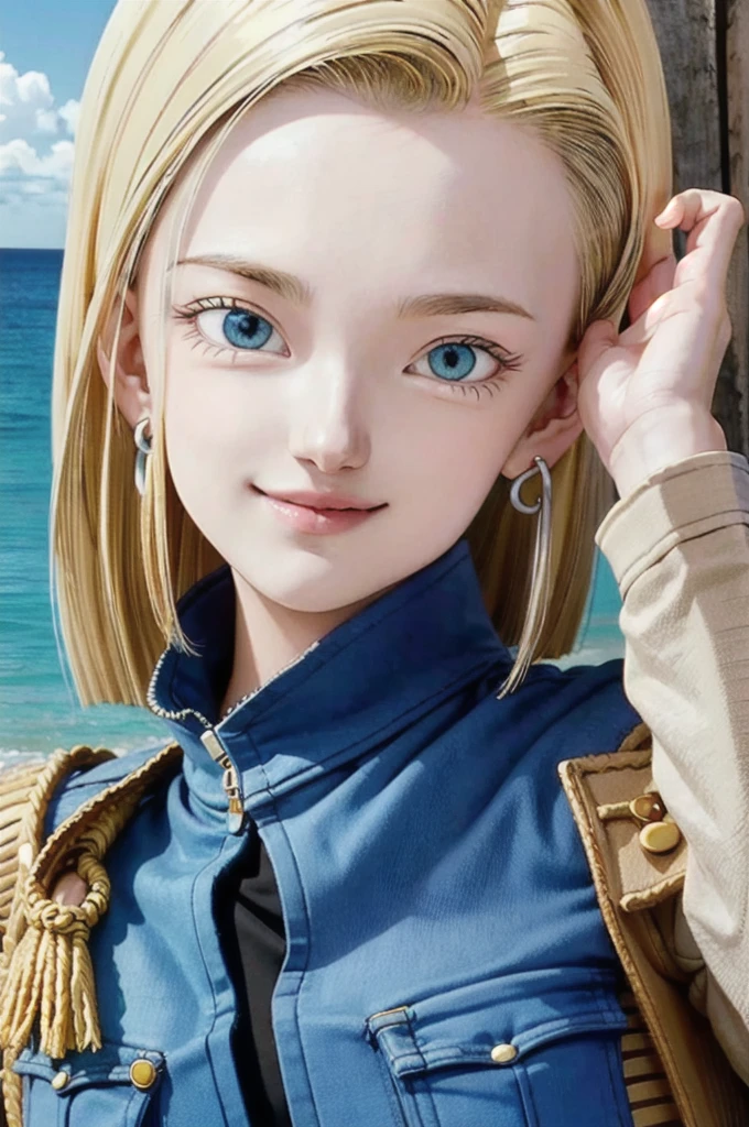 android 18,blonde hair, short hair, blue eyes, Red wearing earrings, vest, black shirt, long sleeves, denim jacket, looking at viewer, smile Face, close up portrait, outside, beach, ocean, blue sky, high quality, masterpiece,  sexy body, sexy Dress