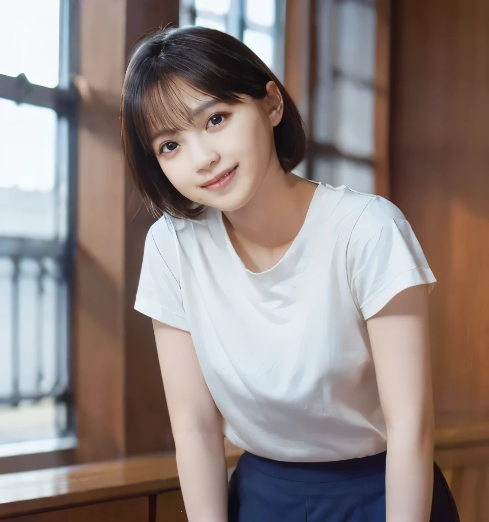 Best image quality、highest quality、masterpiece、Ultra-high resolution、8k、immature、Realistic:1.4、Professional Lighting、Cute school girl、Baby Face、Very short hair、thin、Moderate size chest cup bust、smile、Me in a tight white T-shirt、Wearing navy blue training pants、Standing in the gymnasium:1.6