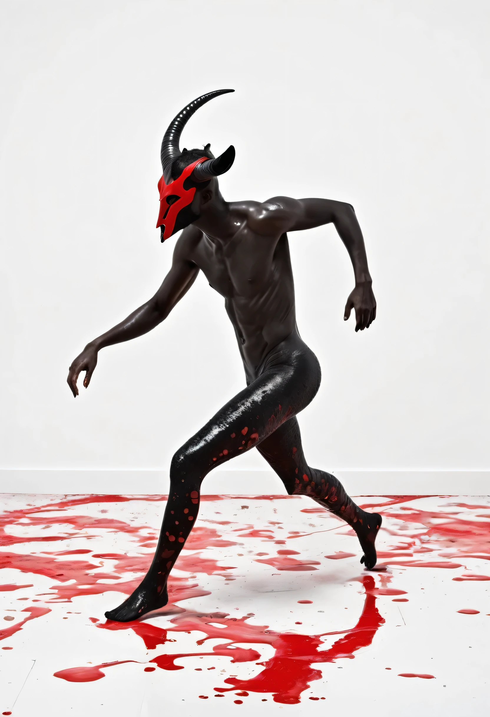 A strange and bizarre No arm and no leg disgusting being black with plastic texture with horns on a white background 3d In a distorted background and red paint on the floor running down and things decaying 3d plastic
