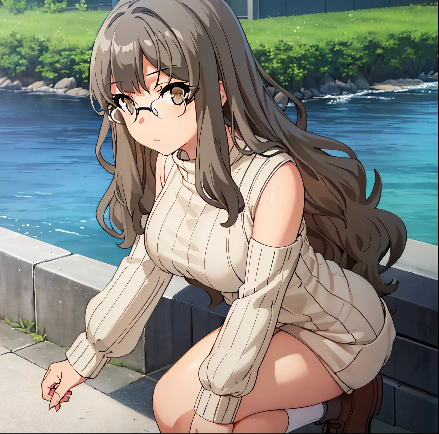 1 girl, alone, futaba river, masterpiece, best quality, realistic, (facing viewer: 1.2), front, point of view (from below), exterior, city, street, standing, detailed background, heavy breathing, blush nose, ( perky: 1.1), long hair, brown hair, brown eyes, glasses, ultra detailed masterpiece, sexy body, huge breasts, medium waist, wide hips, medium thighs, round butt, (beige ribbed sweater: 1.4 ), bare shoulders, bare back, brown shoes, perfect anatomy, perfect hands