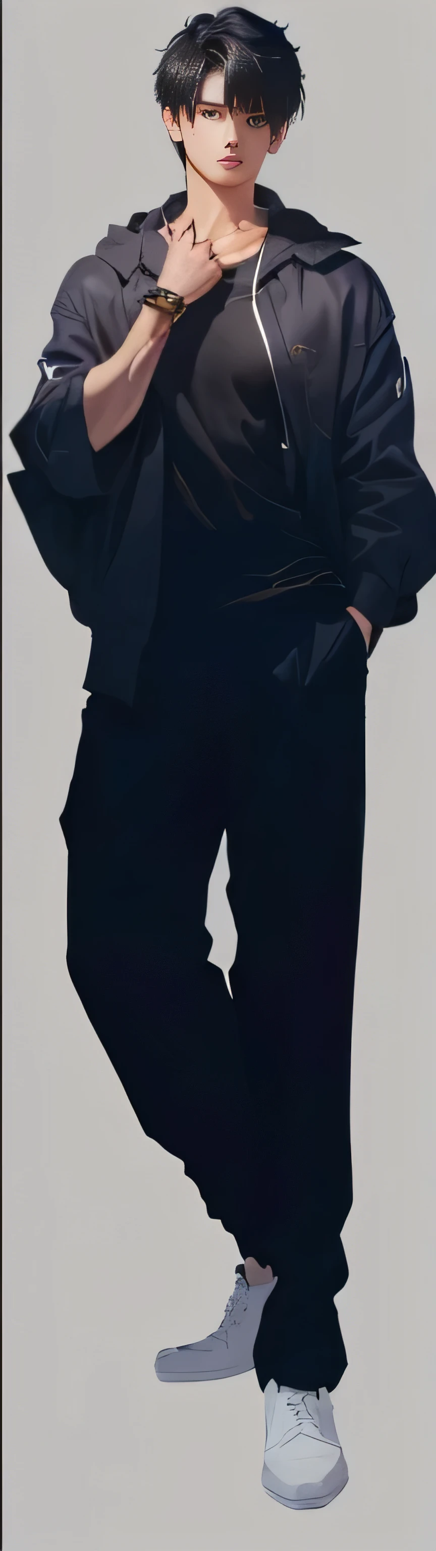 anime boy with black hair and a black shirt and black pants, zoomed out full body, distant full body view, full body portrait, full - body portrait, full-body portrait, full body illustration, full body profile pose, fullbody portrait, single character full body, character full body portrait, full body portrait of a short!, full-body character portrait,,Rich in details，Masterpiece，Clean shaping