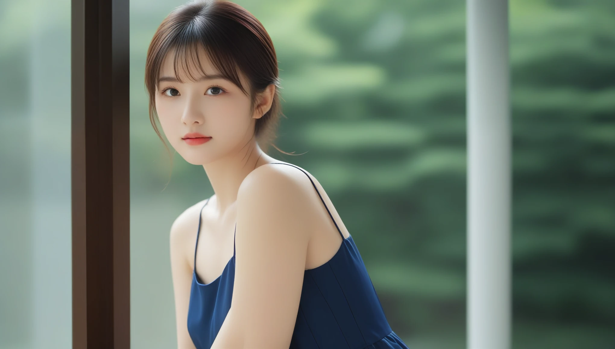 8k, Ultra-high resolution, highest quality, masterpiece, Surreal, photograph, 1 girl, (:1.3), pretty girl, Cute Face, Beautiful eyes in every detail, 細かくdetailedに,masterpiece,, One Girl:1.2, Japanese womenアナウンサー, Japanese women, goddess, Perfect body, Upper Body, Ball Hair, Fine texture and feel of the fabric, detailedな目の質感, detailedな目玉, Long eyelashes, fine eyelashes close-up, double eyelid, A light smile, photographモード, Eyes looking out the window, 8k, Best image quality, masterpiece, Ultra-high resolution: 1.2, エレガントなスタイルをテーマにした美しい女性のphotograph, Arapai woman in a navy blue dress looking out a window, photographモード, Chiffon fabric, detailedな生地の質感, Slip dress, fluent dress, Elegant navy blue dress, Elegant Dresses, Upper Body view, Wearing a dress, (~ side) silhouette, Elegant Dresses, Wearing a dress, Back view, Tight fit,Bold Pose,Looking at the audience、beauty,Long neck、Laugh a little、Please close your mouth and laugh、(((Ideal body type))),A cup small breasts :2,、Portraiture:2、Perfect Anatomy、鮮明なdetailed、detailed、Surreal、Light and shadow,Strong light,Fashion magazine cover,Thin lips