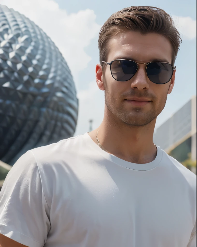 realistic, masterpiece, ((handsome 35 year old desirable caucasian man with distinguished features standing in Epcot Center, Spaceship Earth in the background)), ((white t-shirt, sunglasses, light brown medium length hair, cropped sides, clean shaved face)), athletic build, tall height, seductive smile with a gentle expression, detailed depiction of facial features, perfectly symmetrical face, bright outdoor lighting masterfully accentuates his excellent features