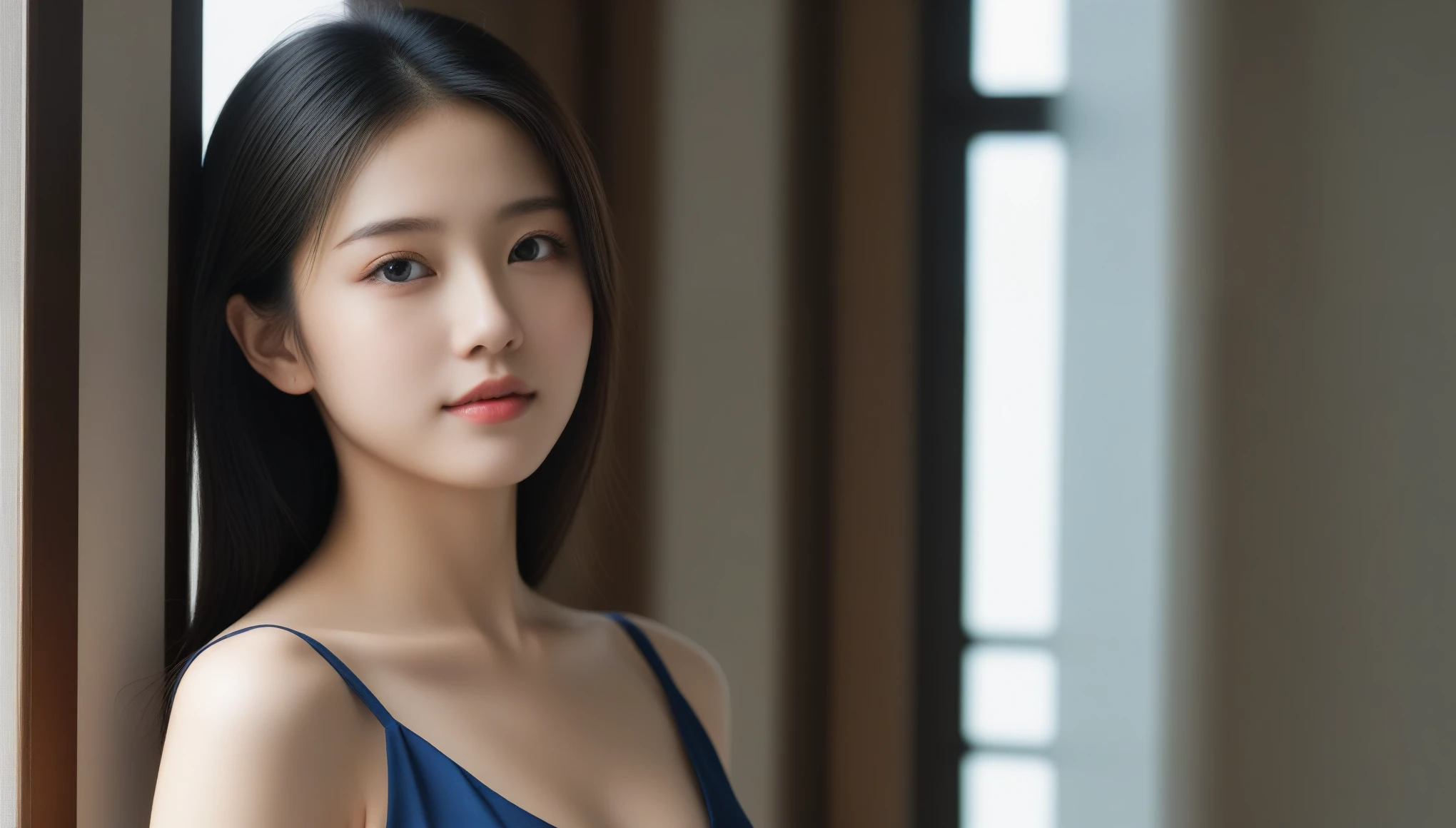 8k, Ultra-high resolution, highest quality, masterpiece, Surreal, photograph, 1 girl, (16 years old:1.3), pretty girl, Cute Face, Beautiful eyes in every detail, 細かくdetailedに,masterpiece,, One Girl:1.2, Japanese womenアナウンサー, Japanese women, goddess, Perfect body, Upper Body, Ball Hair, Fine texture and feel of the fabric, detailedな目の質感, detailedな目玉, Long eyelashes, fine eyelashes close-up, double eyelid, A light smile, photographモード, Eyes looking out the window, 8k, Best image quality, masterpiece, Ultra-high resolution: 1.2, エレガントなスタイルをテーマにした美しい女性のphotograph, Arapai woman in a navy blue dress looking out a window, photographモード, Chiffon fabric, detailedな生地の質感, Slip dress, fluent dress, Elegant navy blue dress, Elegant Dresses, Upper Body view, Wearing a dress, (~ side) silhouette, Elegant Dresses, Wearing a dress, Back view, Tight fit,Bold Pose,Looking at the audience、beauty,Long neck、Laugh a little、Please close your mouth and laugh、(((Ideal body type))),A cup small breasts :2,、Portraiture:2、Perfect Anatomy、鮮明なdetailed、detailed、Surreal、Light and shadow,Strong light,Fashion magazine cover,Thin lips