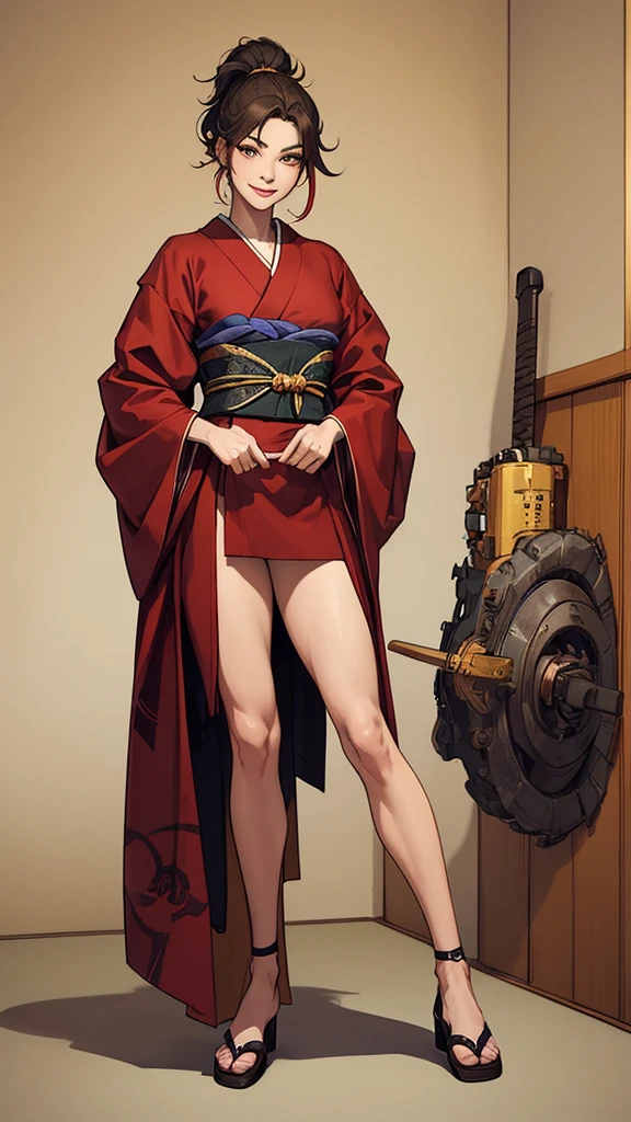 Standing posture、True Face、From the knee up、Dark yellow hair、long hair、sex appeal、glossy、Japanese、Kimono Beauty、Japan Warlords、warrior、Simple、Smile、Sharp Gaze、Height: 180cm、Heavy makeup、50 years old、Mature Woman、An illustration、warrior、woman、Maid、Intimidation、Dignity、aura、Updo、ponytail、Alluring