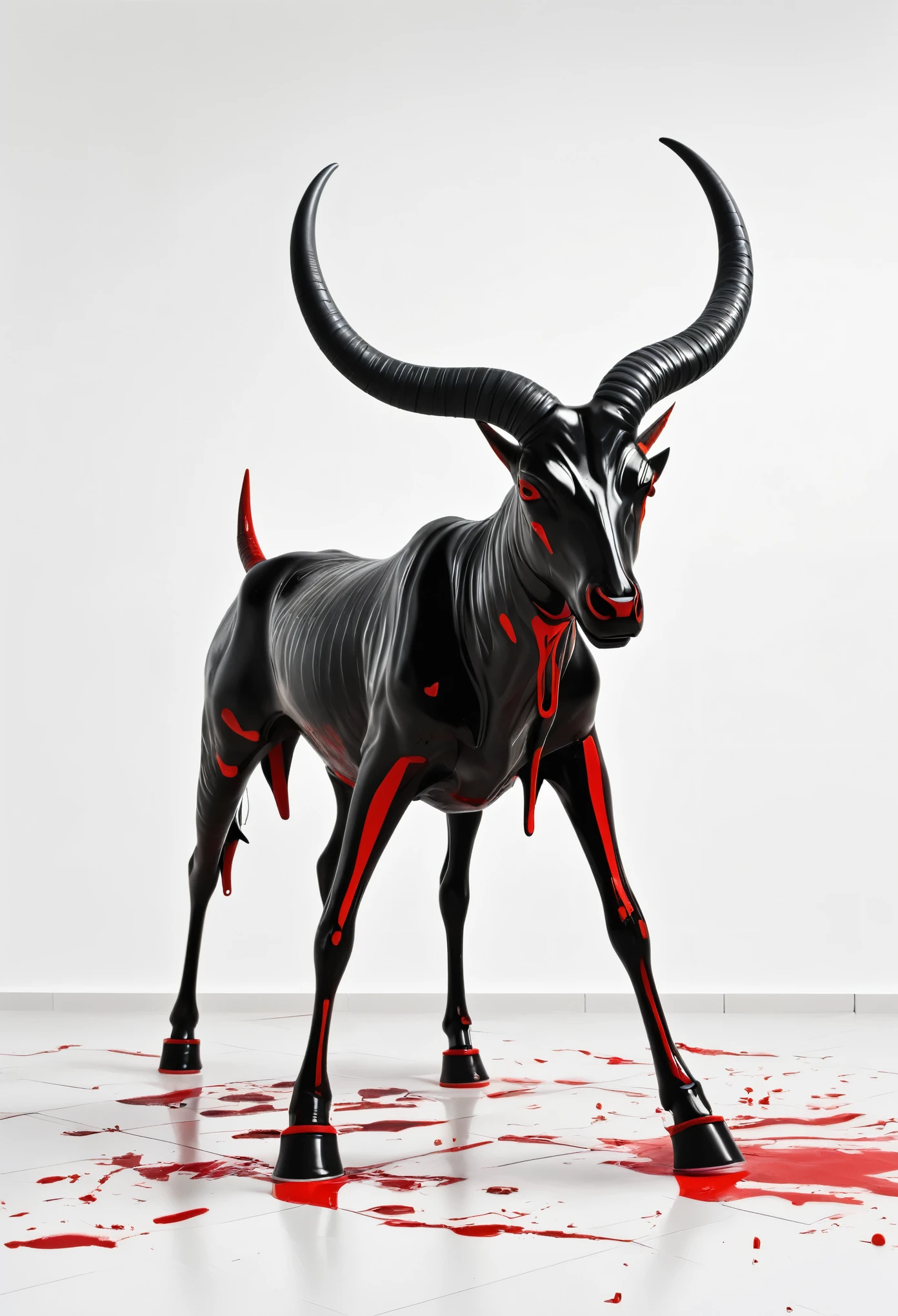 A strange and bizarre No arm and no leg disgusting being black with plastic texture with horns on a white background 3d In a distorted background and red paint on the floor running down and things decaying 3d plastic