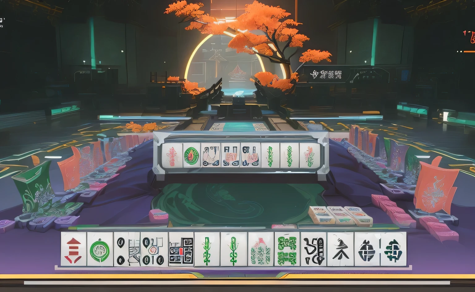 a close up of a game screen with a mahjong game on it, Game screenshot with ui, game screen, Game screenshot, video game screenshot, Onmyoji Detailed Art, game interface, videogame screenshot, Game screenshot, Detailed game art, video game screenshot>, game illustration, screenshot, PC games with UI, Game User Interface, Game screenshot,indoor,Chinese Cyber