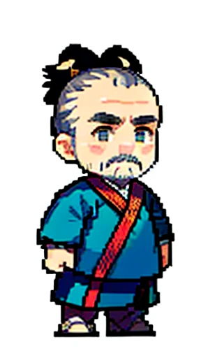Old man in ancient Chinese costume、Wise Old Man、Looking into the camera、There is a topknot on the head、Long sleeve、Hanfu、Black Hair、Standing and posing with arms crossed、part your bangs in the middle、Pixel art、(masterpiece, highest quality, highest quality), pixel,pixel art,whole body,Characters in Romance of the Three Kingdoms、Transform、beard、Short Deformation