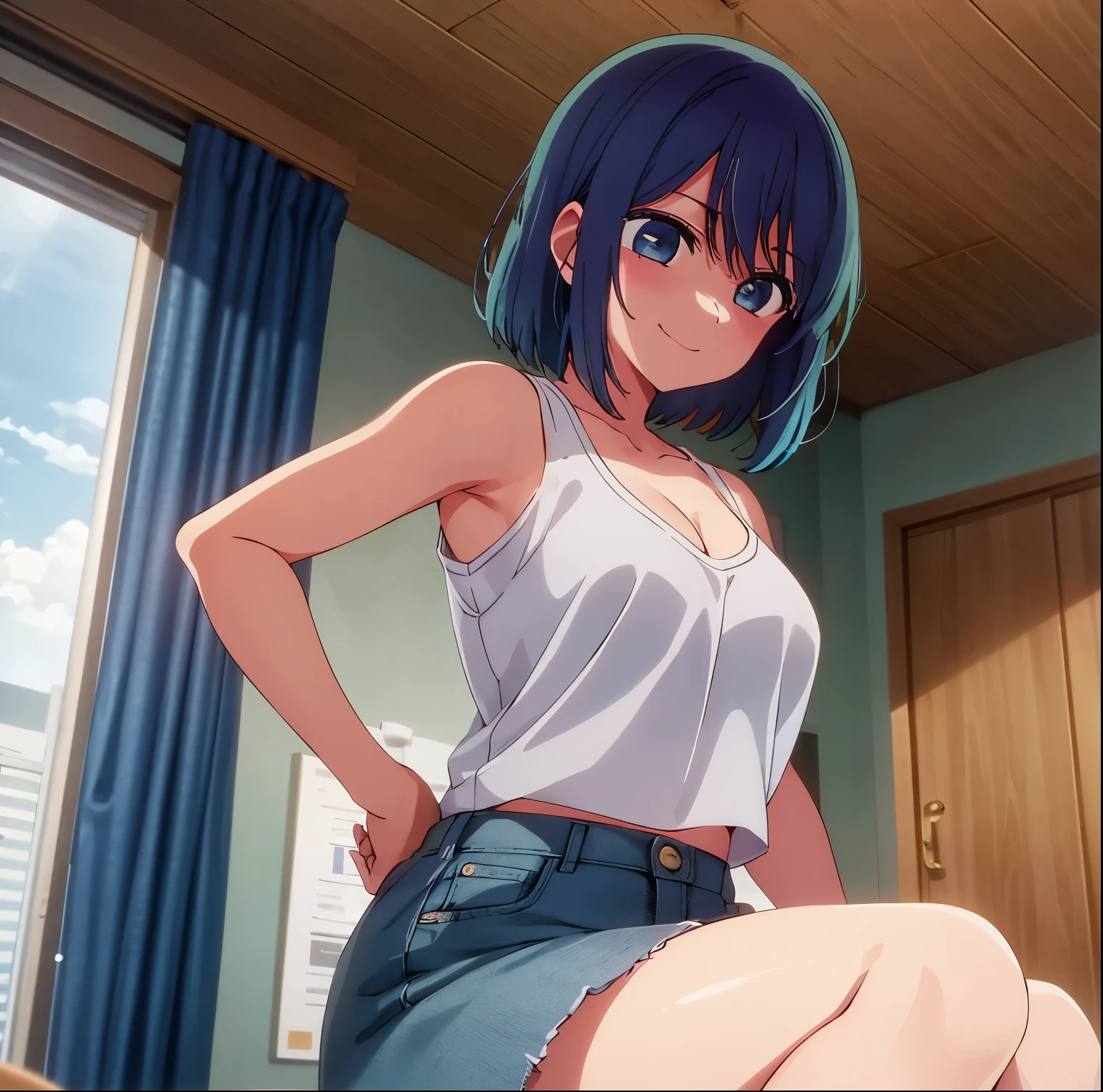 1girl, alone, akane kurokawa, masterpiece, best quality, cowboy photo, looking at viewer, head on, pov (from below), smile, faded hair, short hair, blue hair, white shirt, tank top, cleavage, short shorts, jean shorts, standing, indoors, apartment, couch, big breasts, medium waist, wide hips, medium thighs, round butt, perfect anatomy, perfect hands,