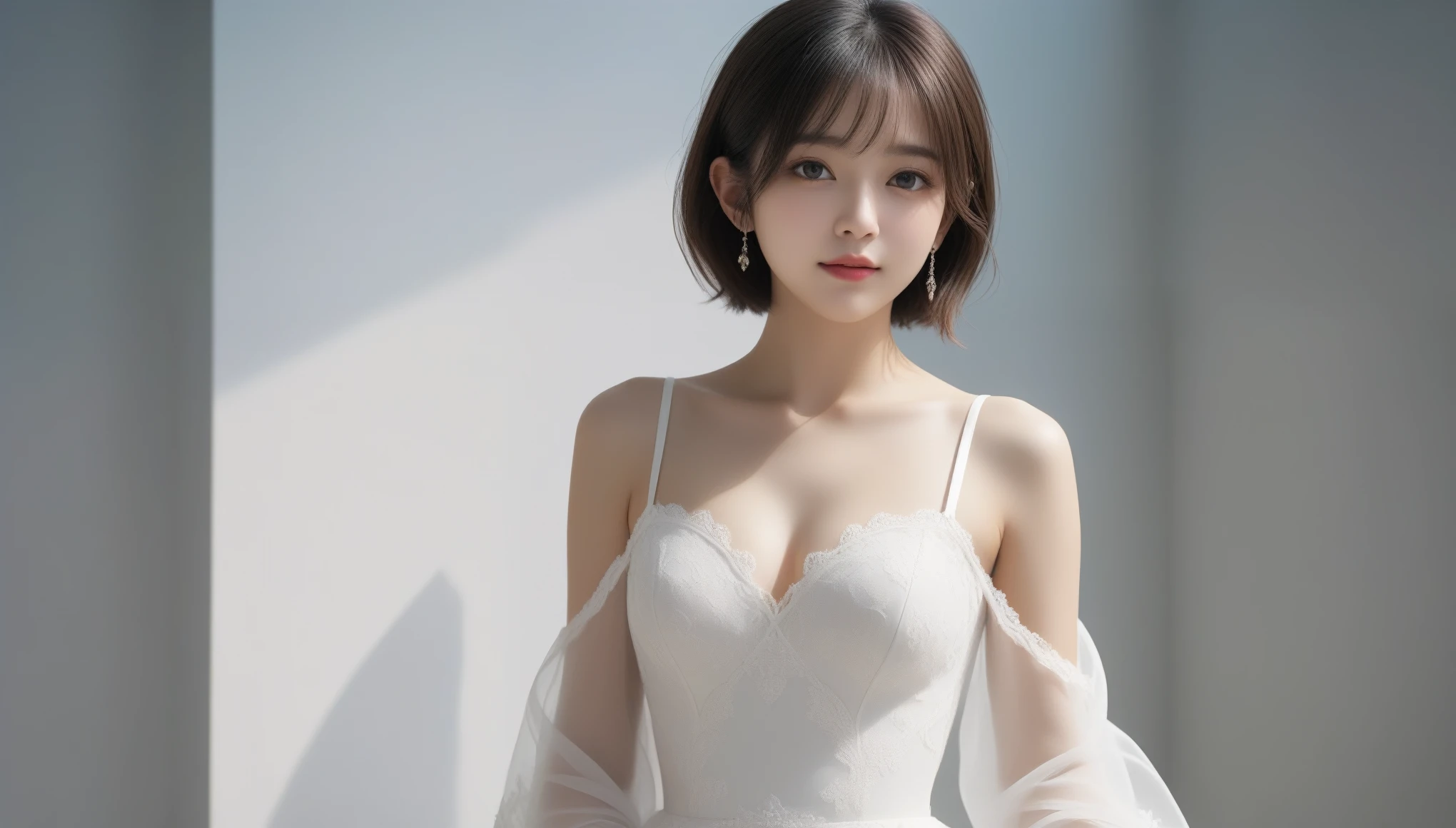 8k, Ultra-high resolution, 最high quality, masterpiece, Surreal, photograph, 1 girl, (:1.3), pretty girl, Cute Face, Beautiful eyes in every detail, 細かくdetailedに,masterpiece,, One Girl:1.2, Japan Female Announcer, One beautiful girl, 非常に美しいdetailedな顔, (Open your mouth a little, Sexy Looks:1.1), (Beautiful small breasts:1.3), (Slender body:1.2), (Lace wedding dress with chest wide open shoulders:1.5), mini skirt,(Exposed breasts:1.5), pubic hair, キャメルトゥのdetailed, (Beautiful Face:1.2), accessories, Earrings, Conceptual Art, high quality, Realistic, 非常にdetailedな CG 統合 8k 壁紙, 非常にdetailedな, 高解像度の生のカラーphotograph, プロのphotograph撮影, Realistic portrait, Cinematic Light, Beautiful details, Attention to detail, (((Bokeh))), Depth of written boundary, illumination, Super stylish lighting,Bob Cut Hair,Bold Pose,Looking at the audience、beauty,Long neck、Laugh a little、Please close your mouth and laugh、(((Ideal body type))),A cup small breasts :2,、Portraiture:2、Perfect Anatomy、鮮明なdetailed、detailed、Surreal、Light and shadow,Strong light,Fashion magazine cover,Thin lips