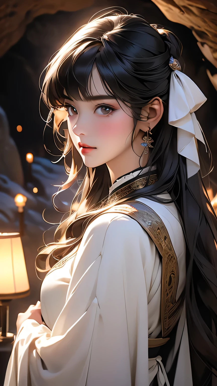 最high quality, (Realistic:1.2), One girl, alone, Detailed face, Face Focus, Are standing, Black Hair,(hair ornaments:1.35),office lady, Sleeves edged with ribbon, Removable sleeves, Ribbon trim, Wide sleeves, (View Viewer:1.5) Long Hair, Iris, bangs, lips, Detailed face､Detailed eyes､Detailed long eyelashes､Detailed lips､ (Upper body portrait)､masterpiece, 最high quality, high quality, High resolution, (In a dimly lit cave),