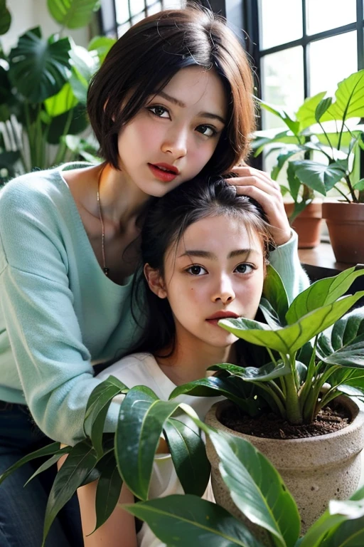 a teenage boy black short hair 20 yo and a woman clean face beauty in cyan hijab 17 yo plant monstera variegated in a pot in a greenhouse under bright sunlight (8K, best quality: 1.2), (masterpiece: 1.37), (high sharpness) Masterpiece, best quality, (highly detailed photo: 1.1 ),((best quality)), ((masterpiece)), (detailed), perfect face