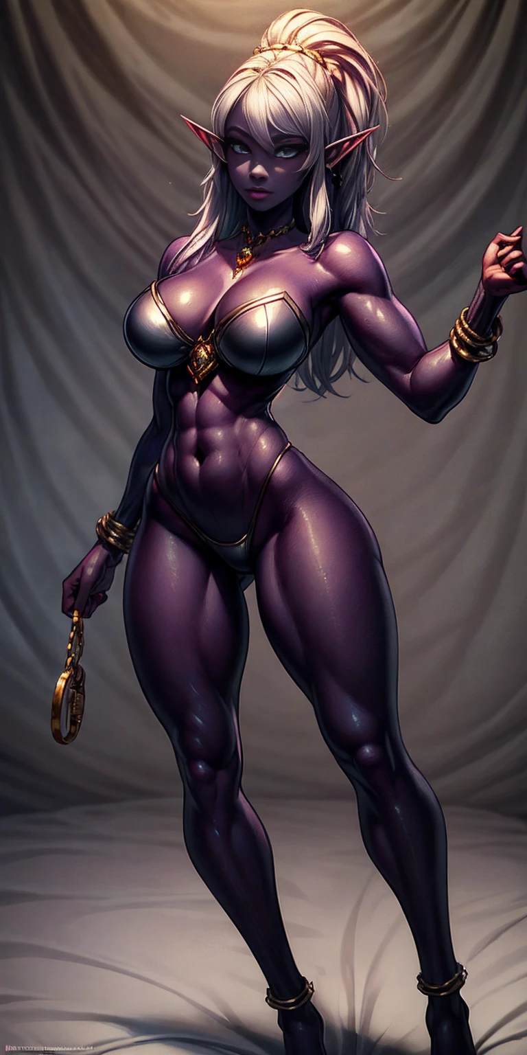 (masterpiece), (best quality), (ultra-detailed), line drawing, skindentation, (high resolution), (shackles on legs and arms inside bed), (high quality, best rendering), (8k), sharp focus, highres, 1girl, drow, purple colored skin, drow elf, pointy ears, full body, fetal positon on bed, (high quality:1.2), (high detail:1.2), (masterpiece:1.2), (extremely detailed:1.2)