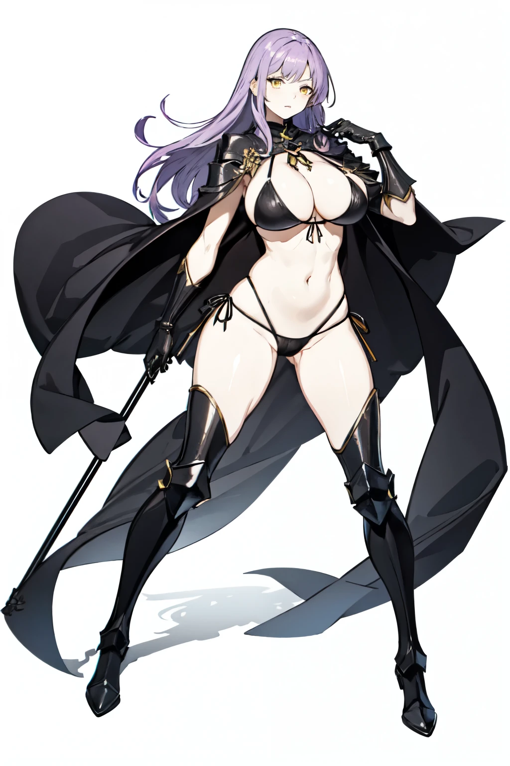 High quality, yellow eyes, long purple hair, gigantic breasts (F size), knight woman, black bikini armor, metal boots, metal gloves, alone woman, full body. cape. Red spear.