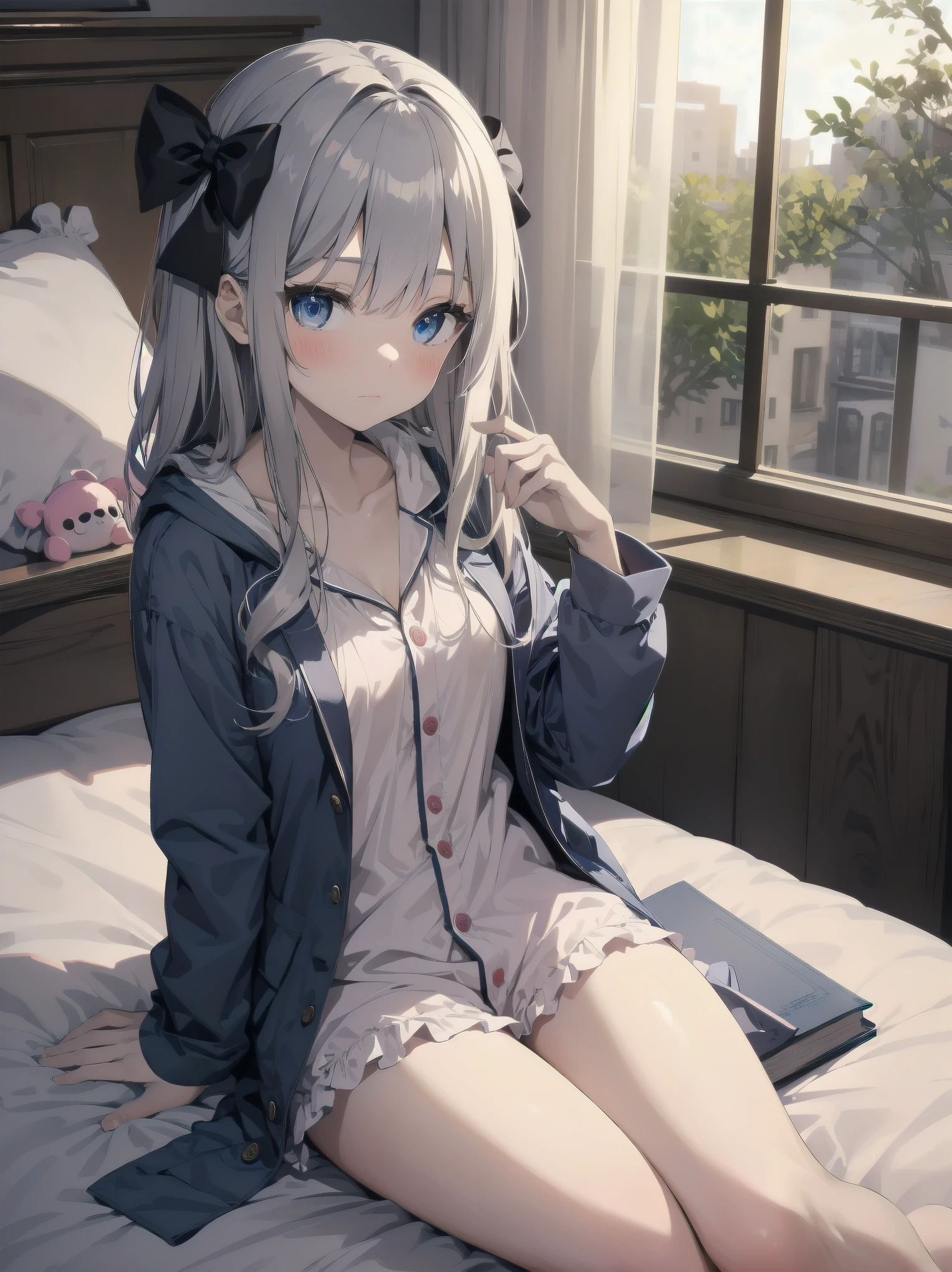 1girl, solo, long hair, looking at viewer, blush, bangs, blue eyes, long sleeves, bow, sitting, closed mouth, collarbone, jacket, hair bow, grey hair, thighs, frills, open clothes, indoors, hood, legs, book, bare legs, window, bed, on bed, stuffed toy, pink bow, blue jacket, pajamas, slippers, bedroom, izumi sagiri
