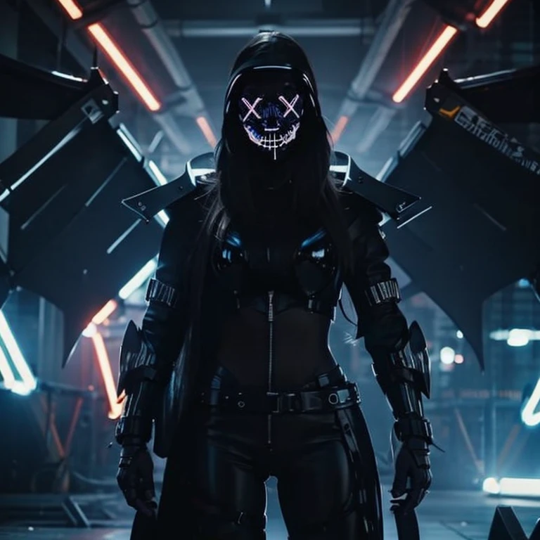 a woman wearing an exo-skeleton mask on a fashion runway, vibrant neon lighting, teenage model, intricate mechanical design, high-tech futuristic cyberpunk style, dynamic pose, dramatic lighting, colorful dystopian background, detailed metal textures, glossy wet look, hyper-realistic, 8k, photorealistic, cinematic, masterpiece