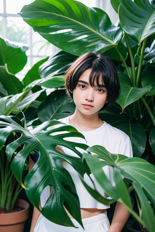 a boy black short hair 20 yo and a woman clean face beauty in cyan hijab 17 yo pnt monstera variegated in a pot in a greenhouse under bright sunlight (8K, best quality: 1.2), (masterpiece: 1.37), (high sharpness) Masterpiece, best quality, (highly detailed photo: 1.1 ),((best quality)), ((masterpiece)), (detailed), perfect face