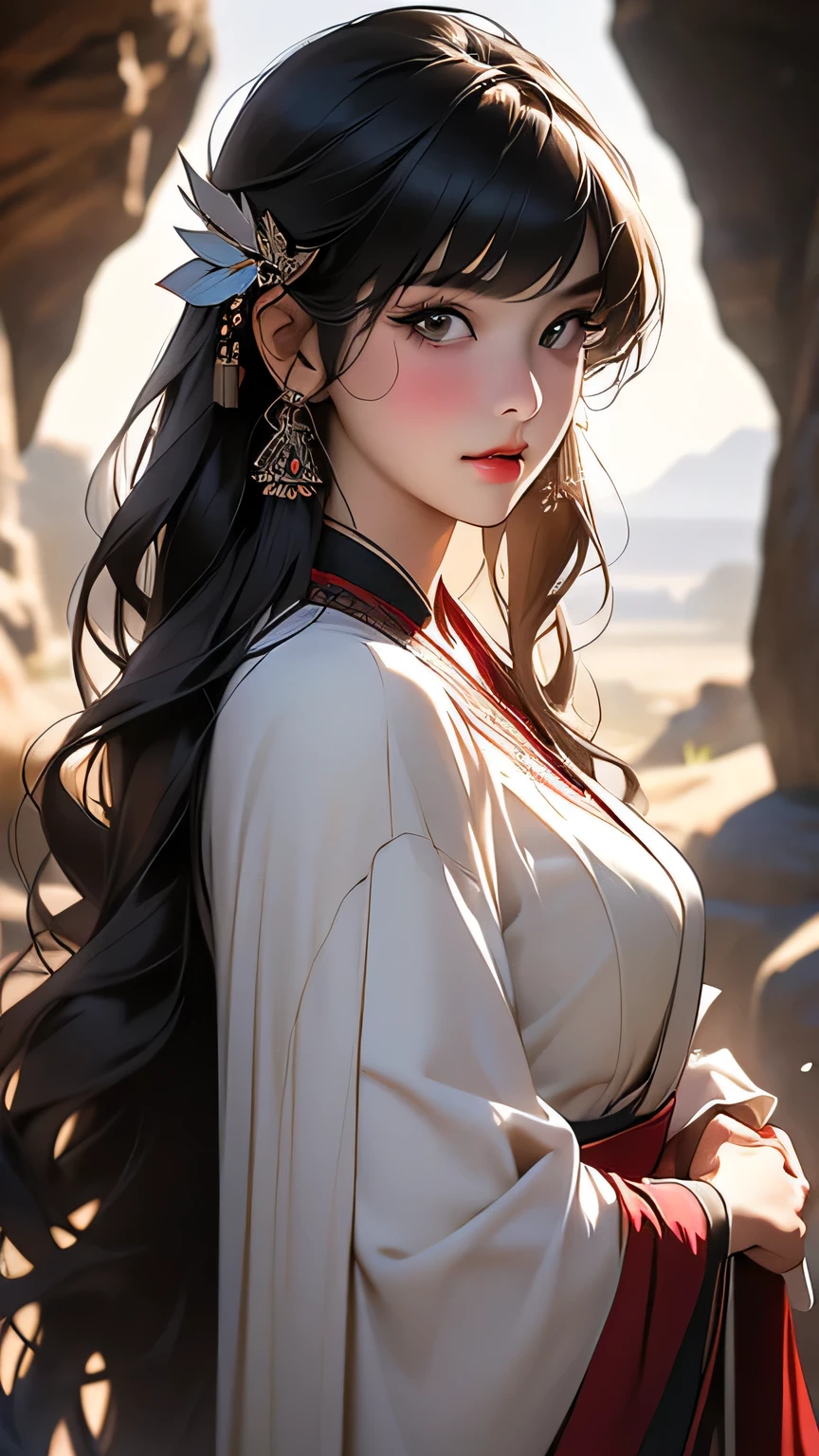 最high quality, (Realistic:1.2), One girl, alone, Detailed face, Face Focus, Are standing, Black Hair,(hair ornaments:1.35),office lady, Sleeves edged with ribbon, Removable sleeves, Ribbon trim, Wide sleeves, (View Viewer:1.5) Long Hair, Iris, bangs, lips, Detailed face、Detailed eyes、Detailed long eyelashes、Detailed lips、 (Upper body portrait)、masterpiece, 最high quality, high quality, High resolution, (In a dimly lit cave),