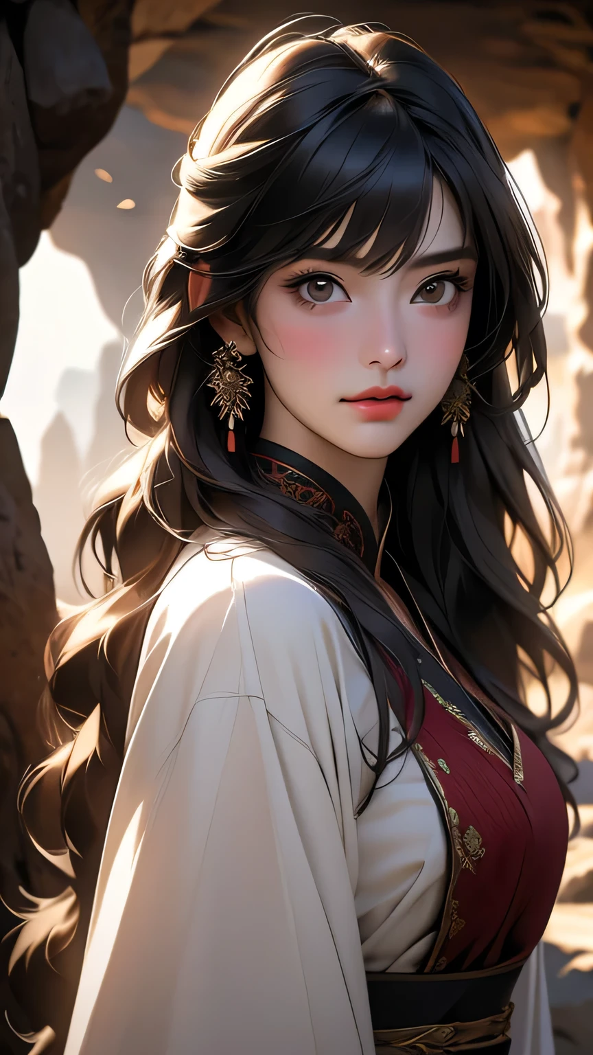 最high quality, (Realistic:1.2), One girl, alone, Detailed face, Face Focus, Are standing, Black Hair,(hair ornaments:1.35),office lady, Sleeves edged with ribbon, Removable sleeves, Ribbon trim, Wide sleeves, (View Viewer:1.5) Long Hair, Iris, bangs, lips, Detailed face、Detailed eyes、Detailed long eyelashes、Detailed lips、 (Upper body portrait)、masterpiece, 最high quality, high quality, High resolution, (In a dimly lit cave),