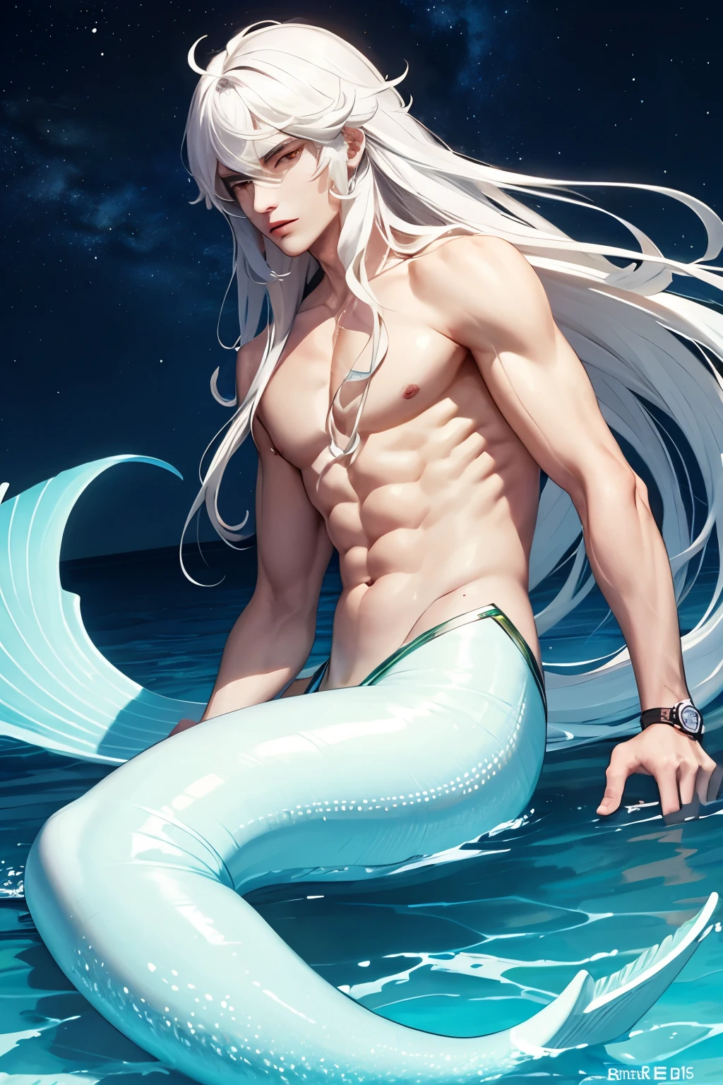(hyper-realistic digital illustration), hires, best quality, underwater world, wide angle, swimming, athletic body, male, iridescent skin, flat chest, silver eyes, green hair styled in spikes, determined expression, bioluminescent lighting, wearing fashionable black small thong, full mast, erect bulge, erect bulge, visible through underwear , small waist, broad chest, big mane, slim scruffy, muscular