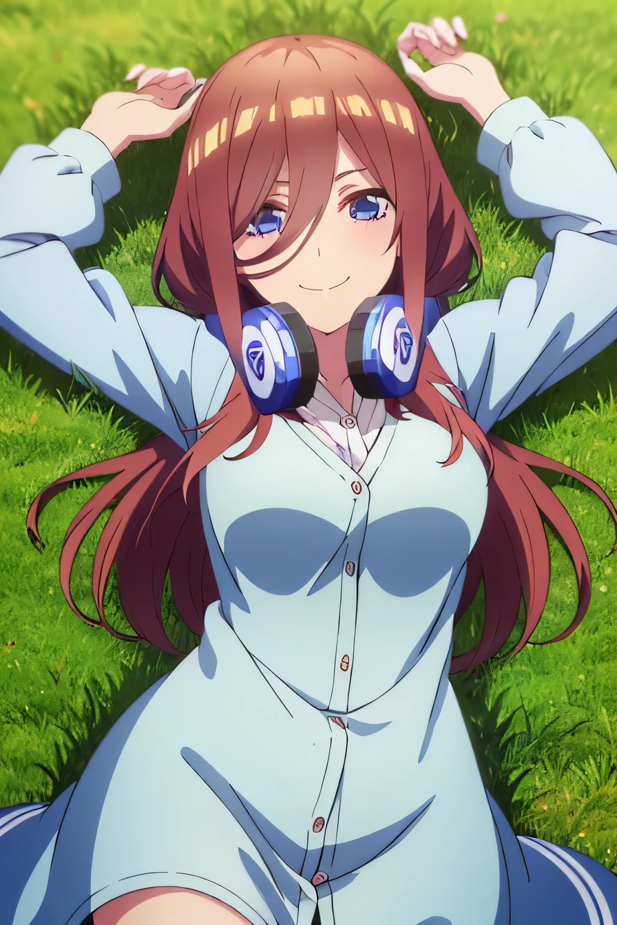 solo, 1girl, looking at viewer, 2D, anime, anime coloring, miku nakano, cardigan, headphones around neck, solo, lying, on back, on grass, arms up, spread arms, looking at viewer, smile, (cowboy shot:1.5)