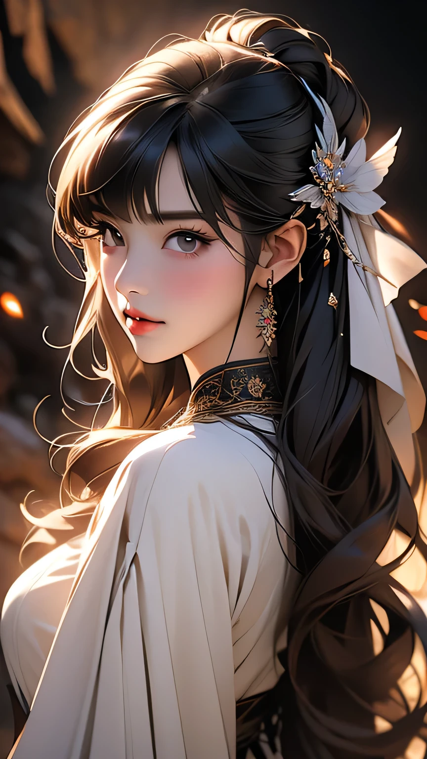 最high quality, (Realistic:1.2), One girl, alone, Detailed face, Face Focus, Are standing, Black Hair,(hair ornaments:1.35),office lady, Sleeves edged with ribbon, Removable sleeves, Ribbon trim, Wide sleeves, (View Viewer:1.5) Long Hair, Iris, bangs, lips, Detailed face、Detailed eyes、Detailed long eyelashes、Detailed lips、 (Upper body portrait)、masterpiece, 最high quality, high quality, High resolution, (In a dimly lit cave),